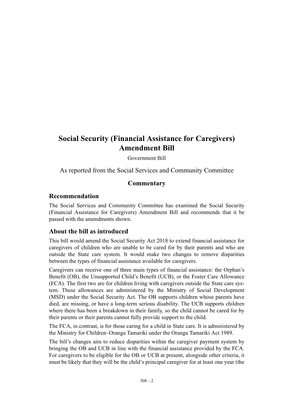 Social Security (Financial Assistance for Caregivers) Amendment Bill