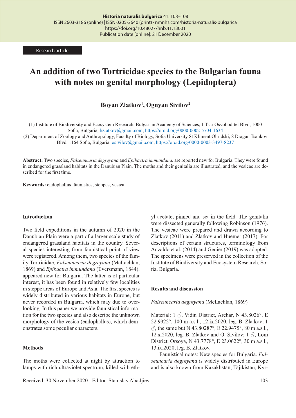 An Addition of Two Tortricidae Species to the Bulgarian Fauna with Notes on Genital Morphology (Lepidoptera)