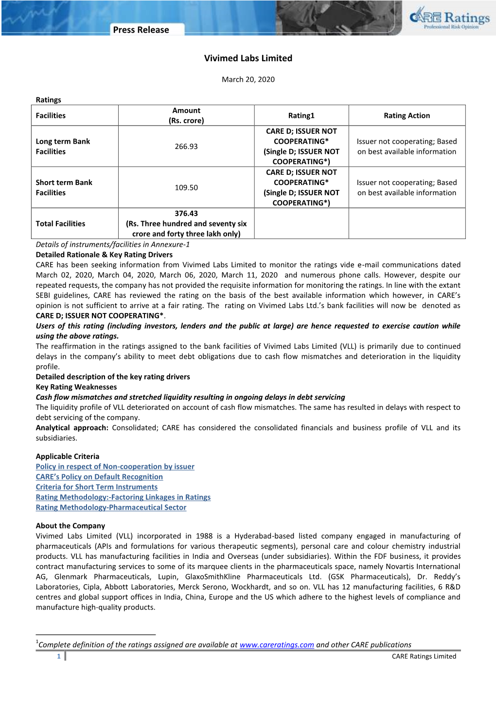 Press Release Vivimed Labs Limited