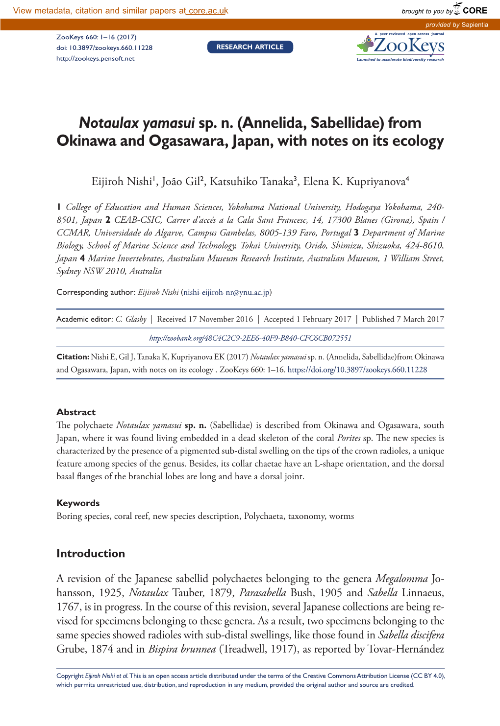 Notaulax Yamasui Sp. N. (Annelida, Sabellidae) from Okinawa and Ogasawara, Japan, with Notes on Its Ecology