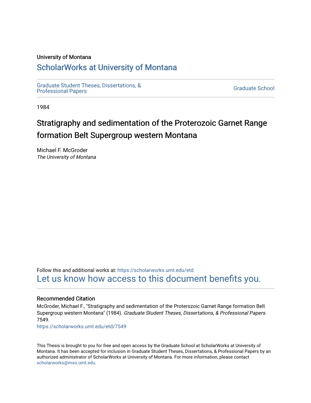 Stratigraphy and Sedimentation of the Proterozoic Garnet Range Formation Belt Supergroup Western Montana