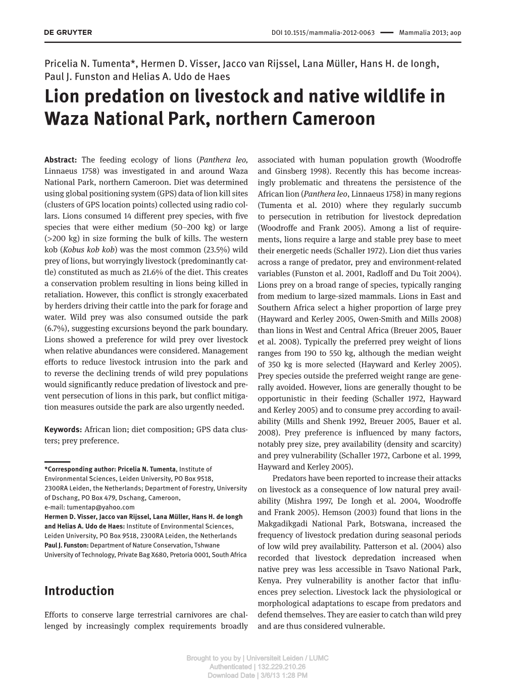 Lion Predation on Livestock and Native Wildlife in Waza National Park, Northern Cameroon