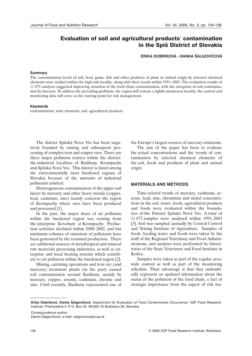 Evaluation of Soil and Agricultural Products' Contamination in the Spiš District of Slovakia