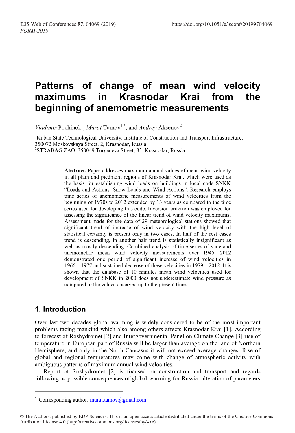 Patterns of Change of Mean Wind Velocity Maximums in Krasnodar Krai from the Beginning of Anemometric Measurements