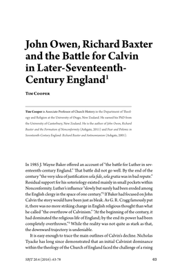 John Owen, Richard Baxter and the Battle for Calvin in Later-Seventeenth- Century England1 Tim Cooper