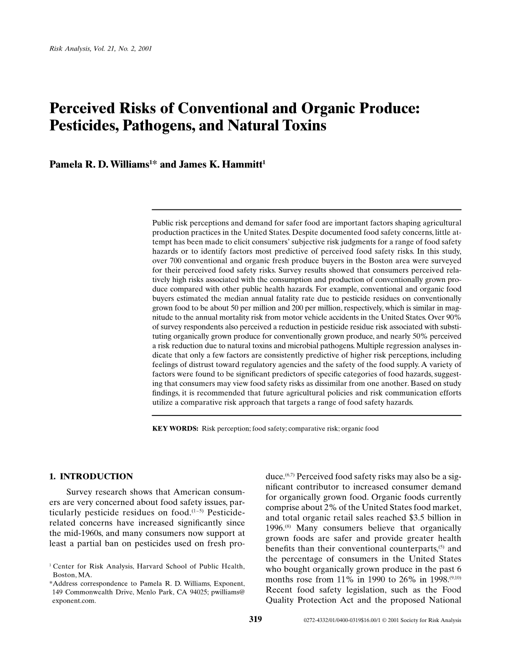 Perceived Risks of Conventional and Organic Produce: Pesticides, Pathogens, and Natural Toxins