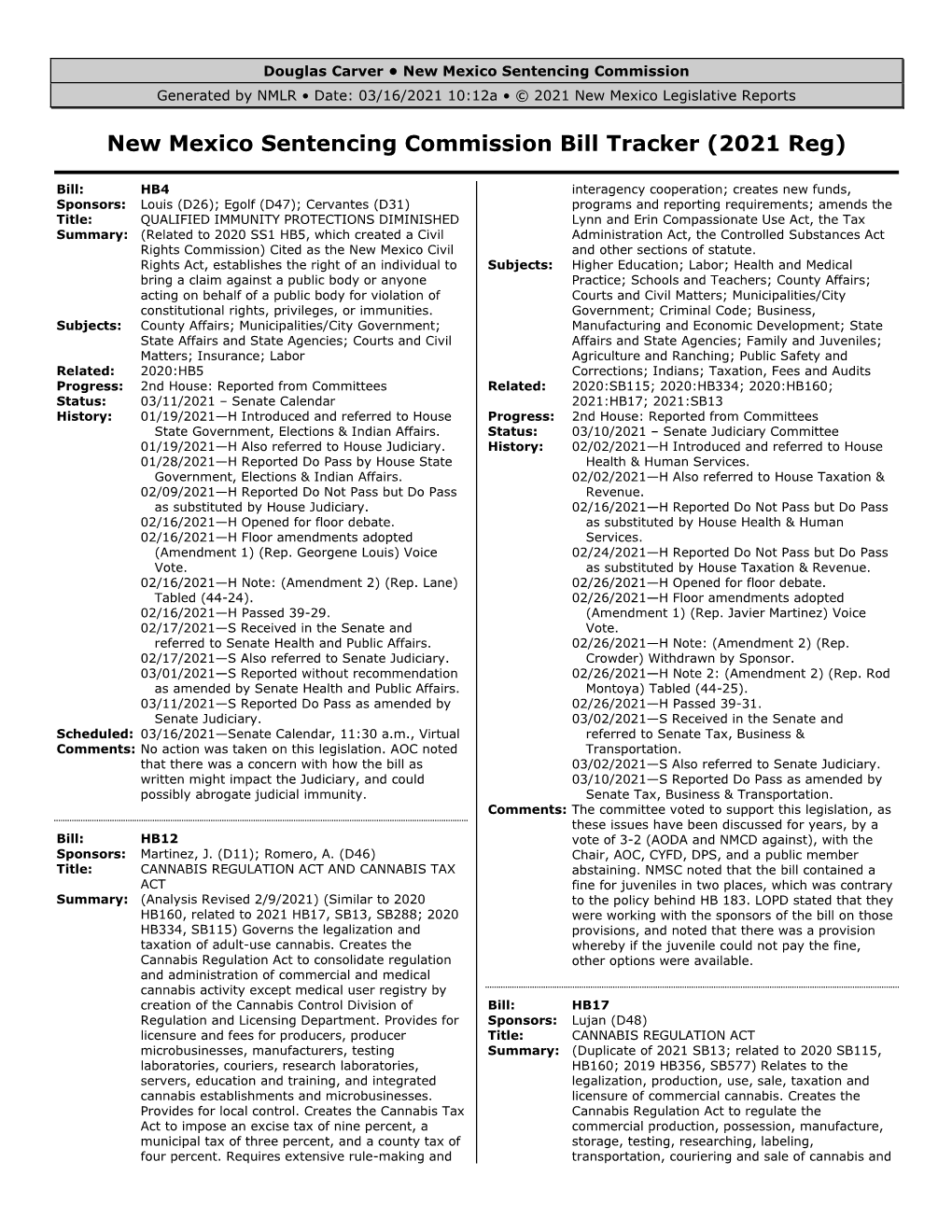 New Mexico Sentencing Commission Bill Tracker (2021 Reg)