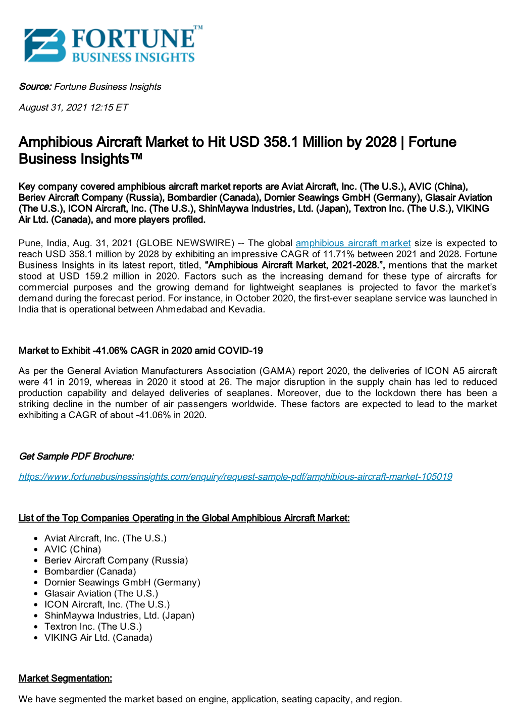 Amphibious Aircraft Market to Hit USD 358.1 Million by 2028 | Fortune Business Insights™