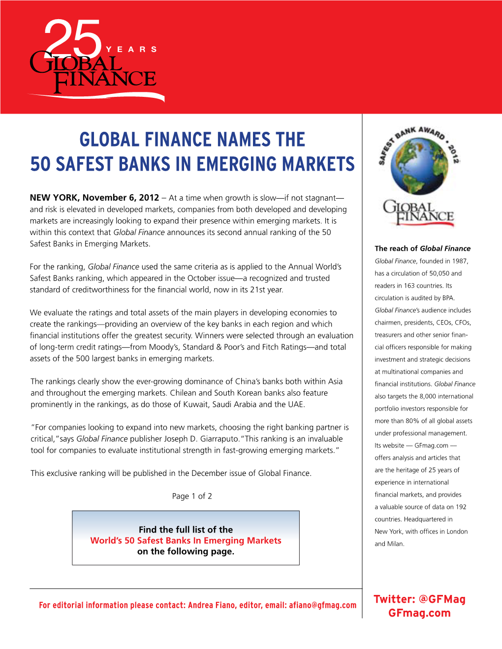 Global Finance Names the 50 Safest Banks in Emerging Markets