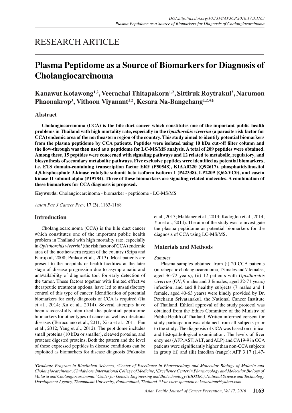 Plasma Peptidome As a Source of Biomarkers for Diagnosis of Cholangiocarcinoma