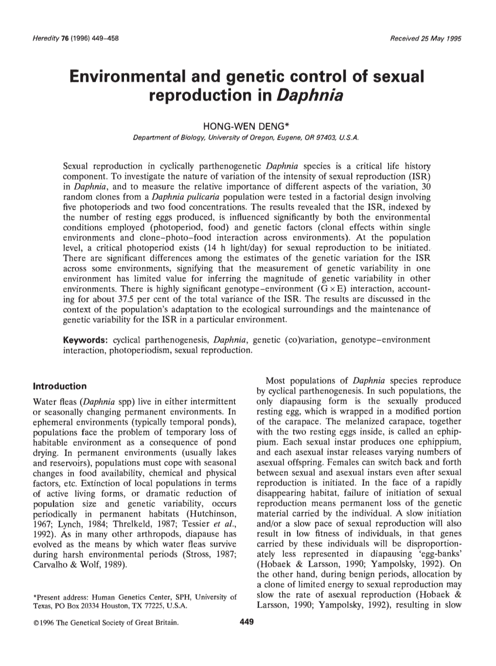 Environmental and Genetic Control of Sexual Reproduction in Daphnia