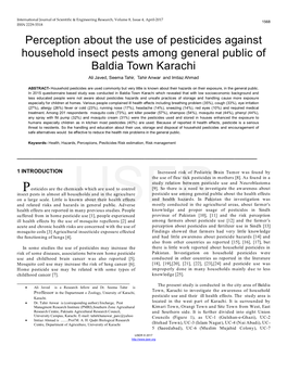 Perception About the Use of Pesticides Against Household Insect Pests Among General Public of Baldia Town Karachi Ali Javed, Seema Tahir, Tahir Anwar and Imtiaz Ahmad