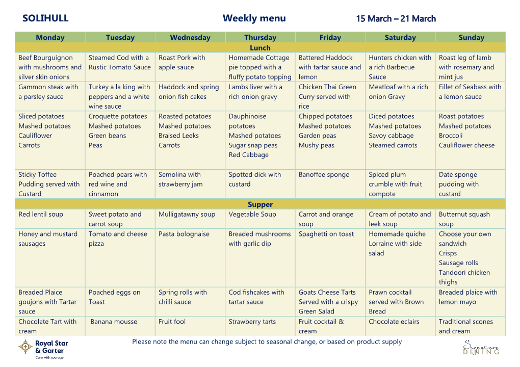 SOLIHULL Weekly Menu 15 March – 21 March