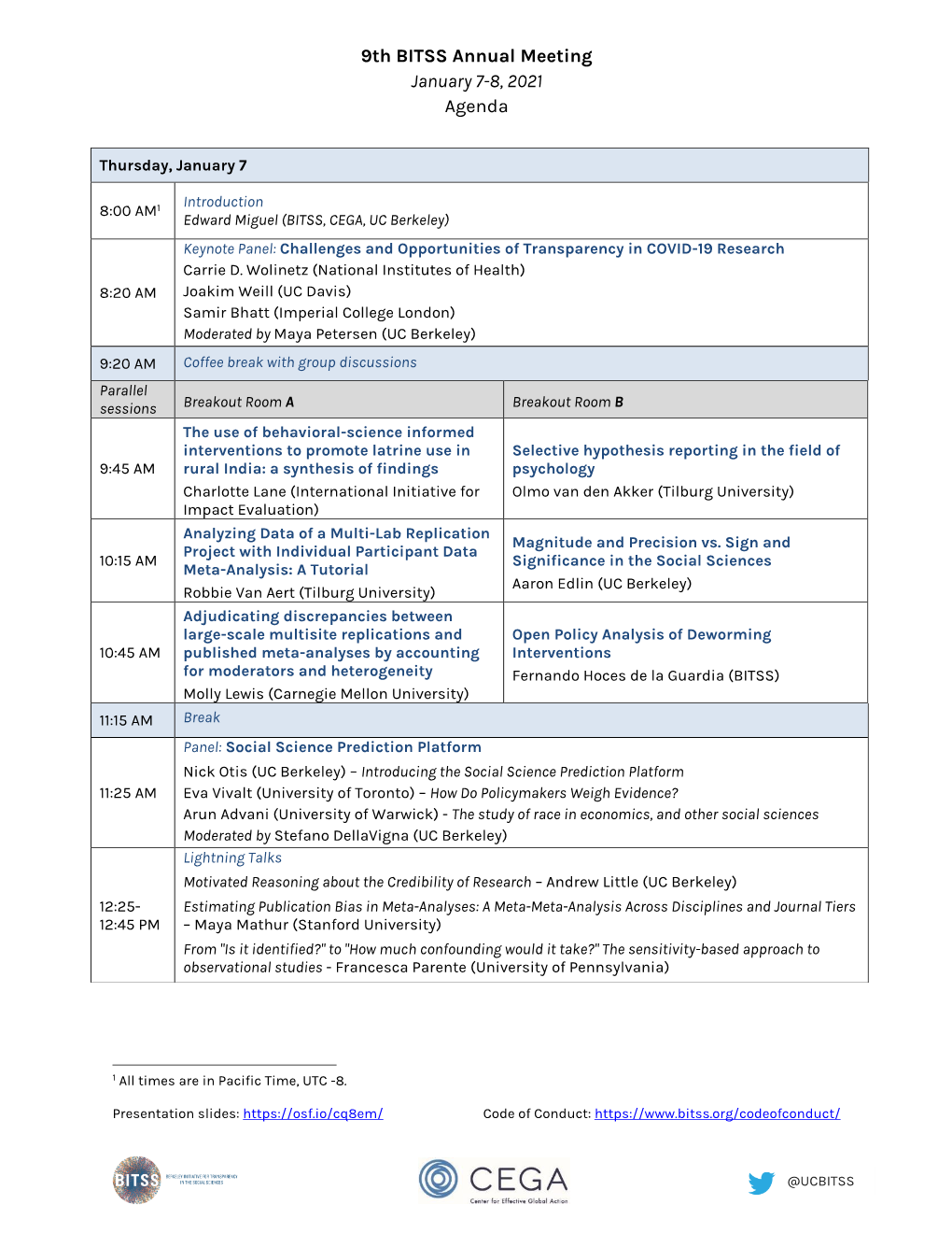 9Th BITSS Annual Meeting January 7-8, 2021 Agenda