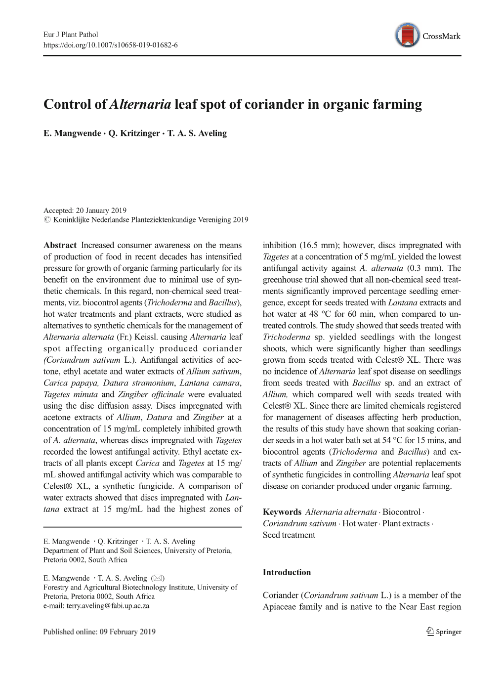 Control of Alternaria Leaf Spot of Coriander in Organic Farming