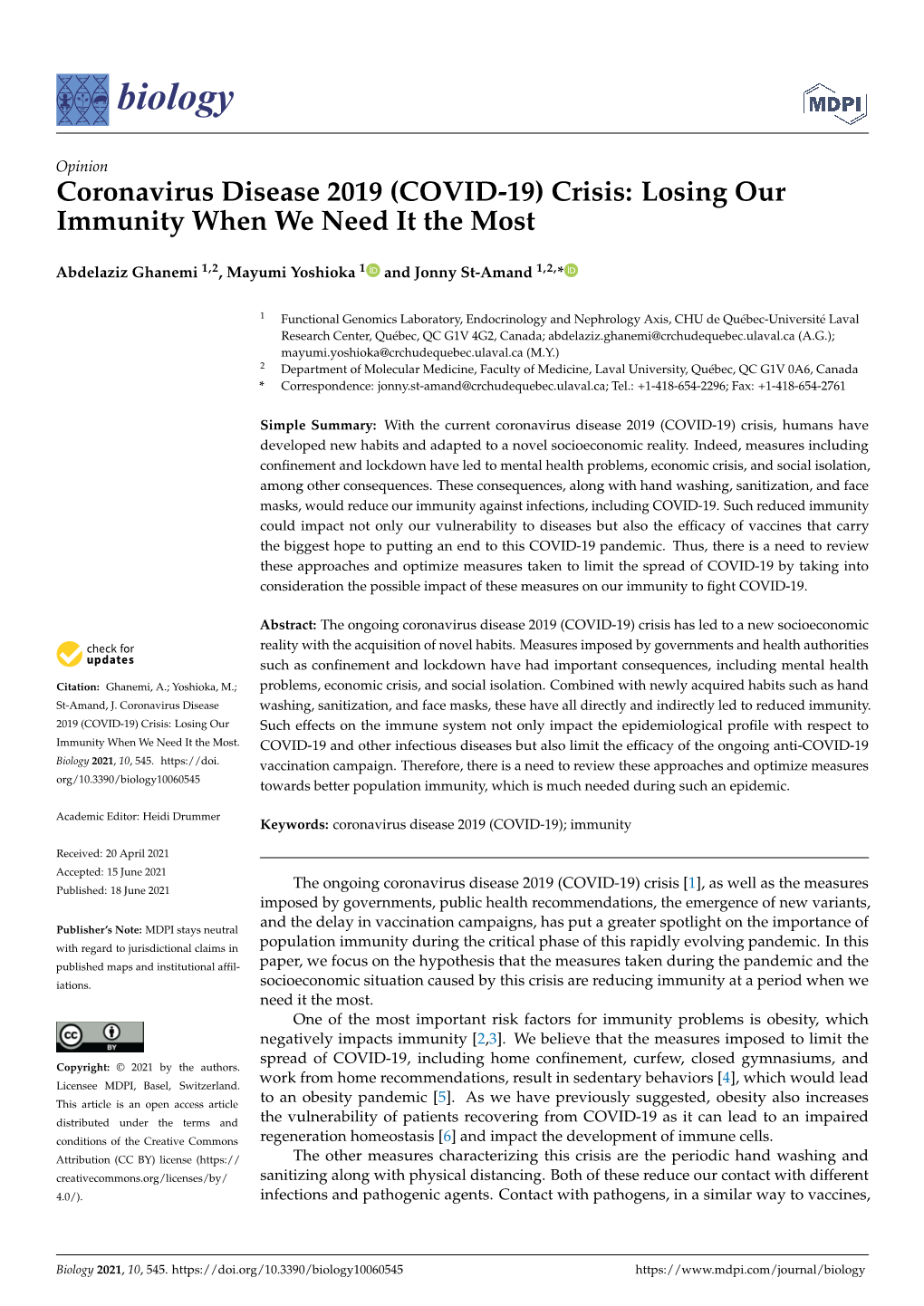 (COVID-19) Crisis: Losing Our Immunity When We Need It the Most