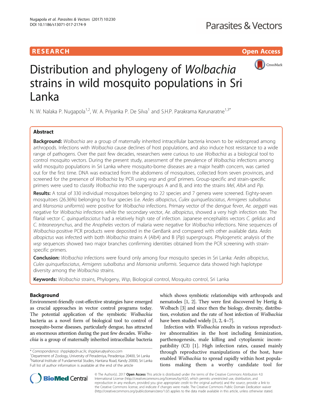 Distribution and Phylogeny of Wolbachia Strains in Wild Mosquito Populations in Sri Lanka N