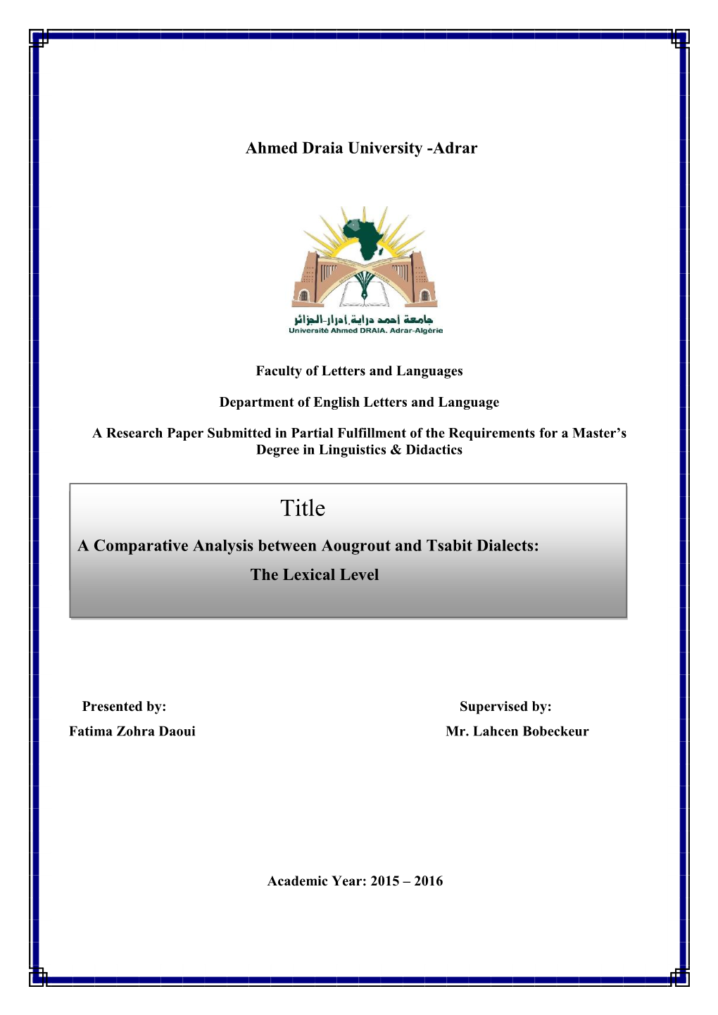 Lexical Variation Between Aougrout and Tsabit Dialects