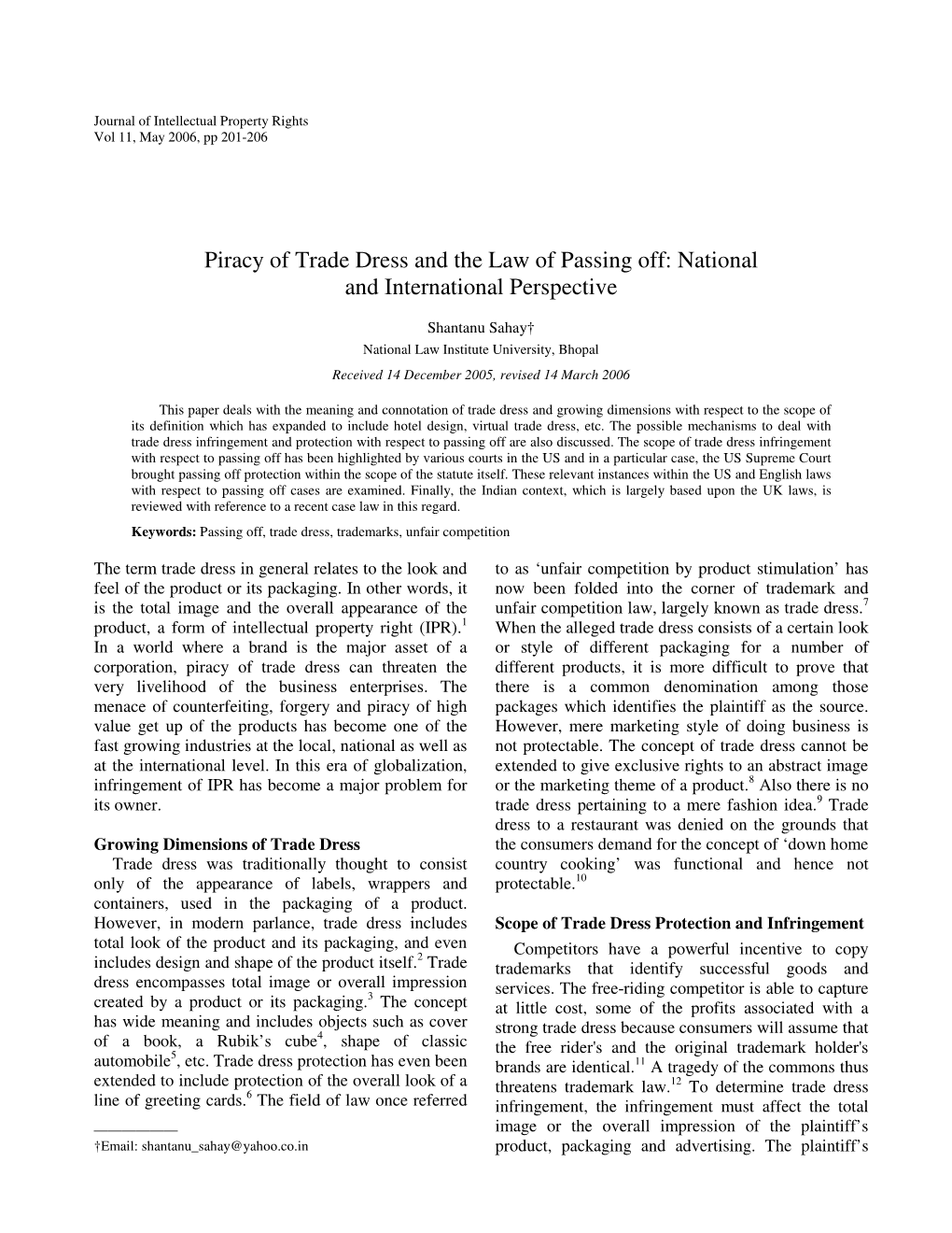 Piracy of Trade Dress and the Law of Passing Off: National and International Perspective