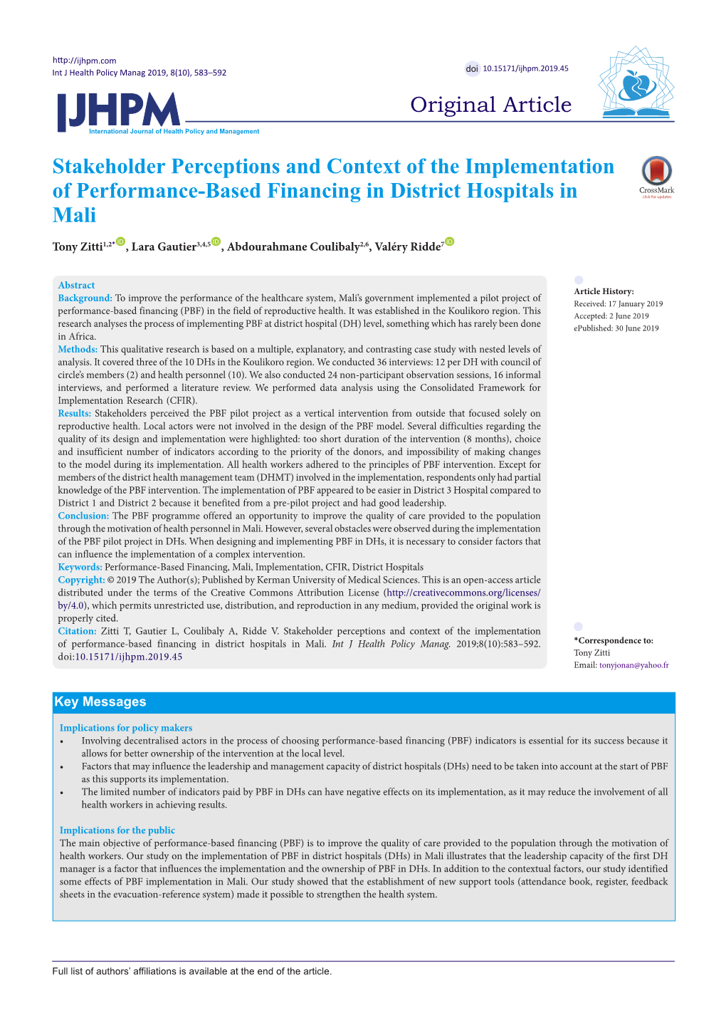 Stakeholder Perceptions and Context of the Implementation of Performance-Based Financing in District Hospitals in Mali