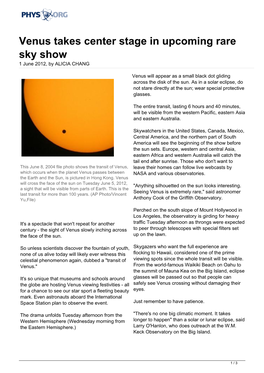 Venus Takes Center Stage in Upcoming Rare Sky Show 1 June 2012, by ALICIA CHANG