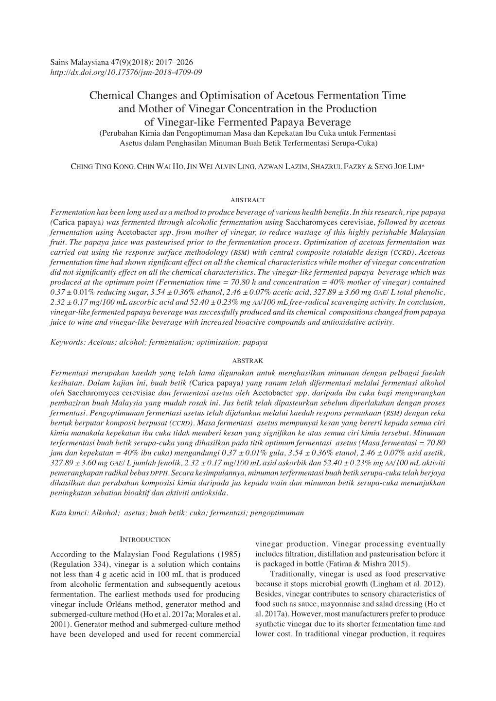 Chemical Changes and Optimisation of Acetous Fermentation Time And