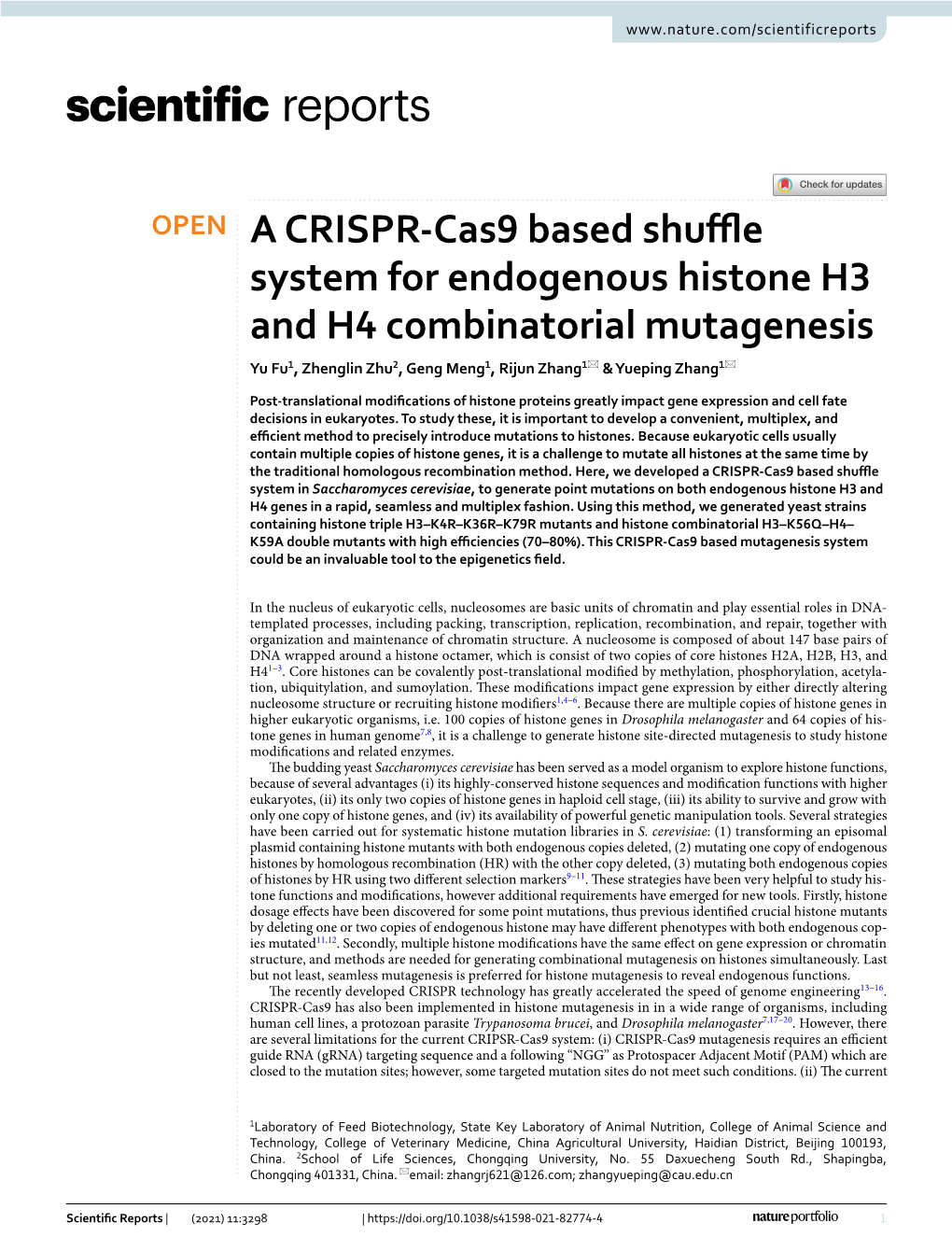 A CRISPR-Cas9 Based Shuffle System for Endogenous Histone H3 and H4