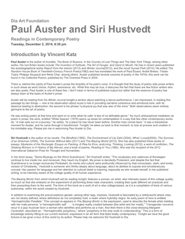 Paul Auster and Siri Hustvedt Readings in Contemporary Poetry Tuesday, December 2, 2014, 6:30 Pm