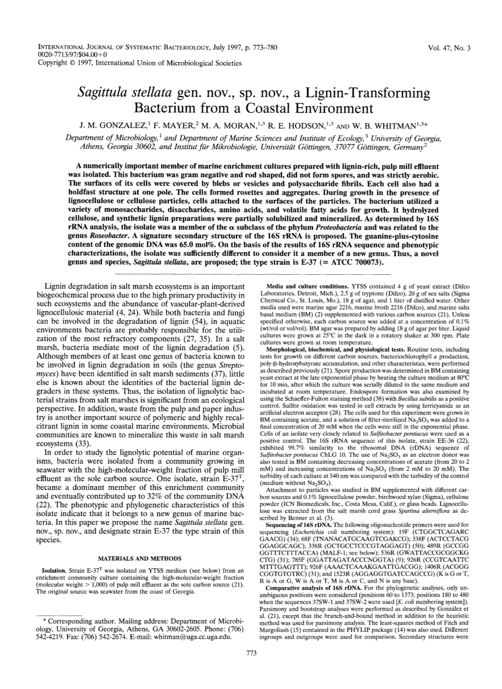 Sagittula Stellata Gen. Nov., Sp. Nov., a Lignin-Transforming Bacterium from a Coastal Environment