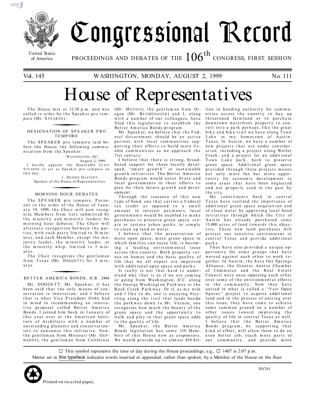 Congressional Record United States Th of America PROCEEDINGS and DEBATES of the 106 CONGRESS, FIRST SESSION