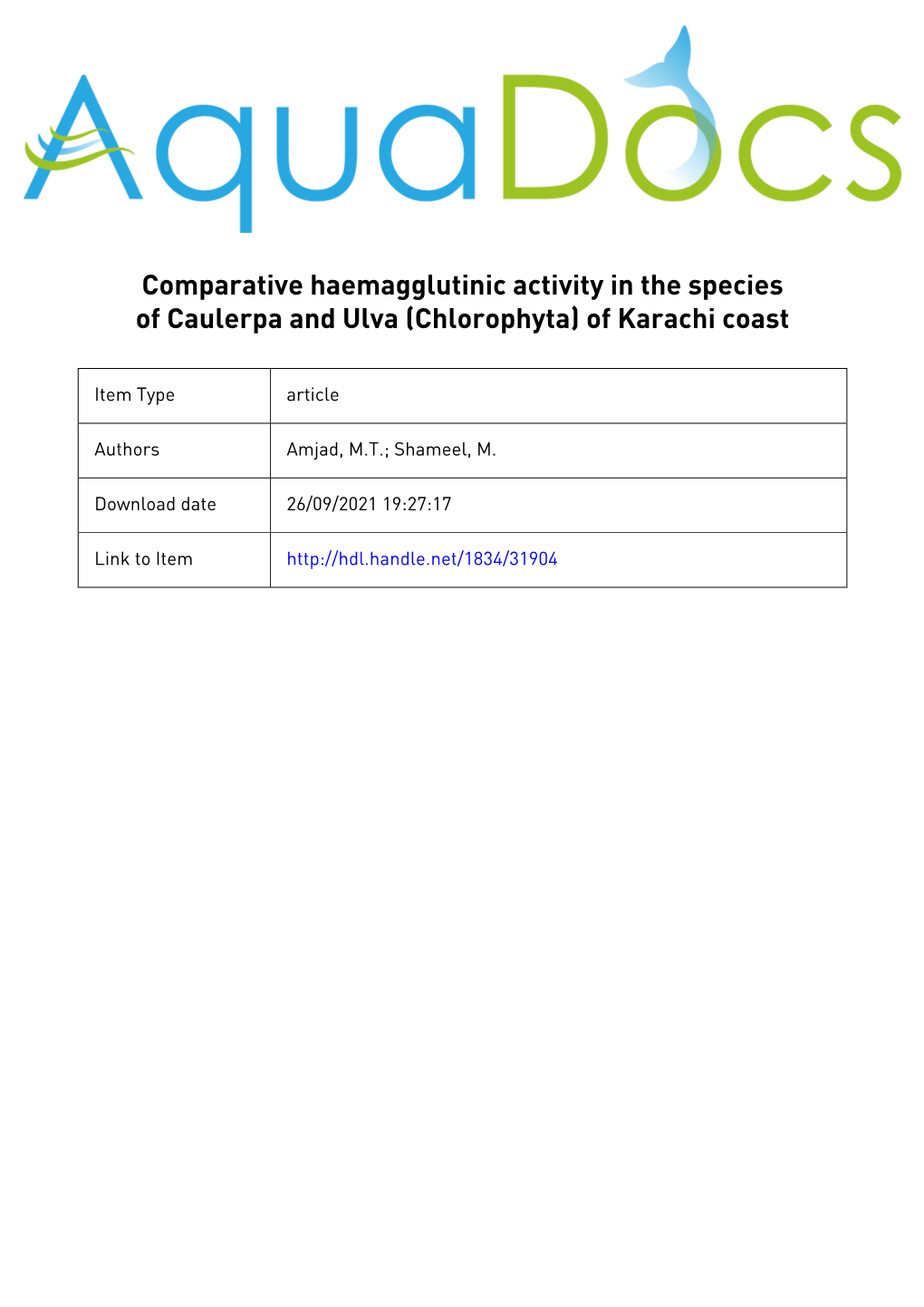 Comparative Haemagglutinic Activity in the Species of Caulerpa and Ulva (Chlorophyta) of Karachi Coast