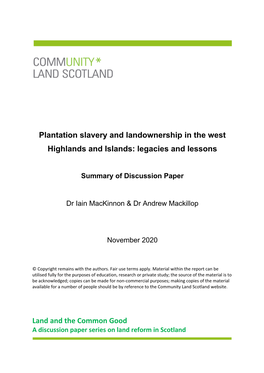 Plantation Slavery and Landownership in the West Highlands and Islands: Legacies and Lessons