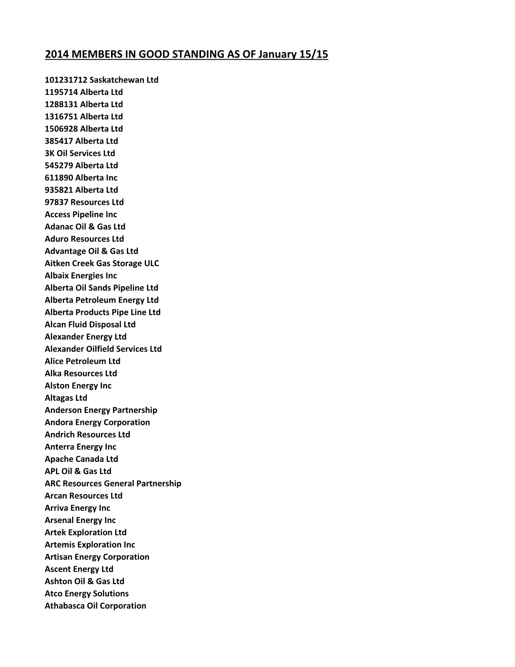 2014 MEMBERS in GOOD STANDING AS of January 15/15