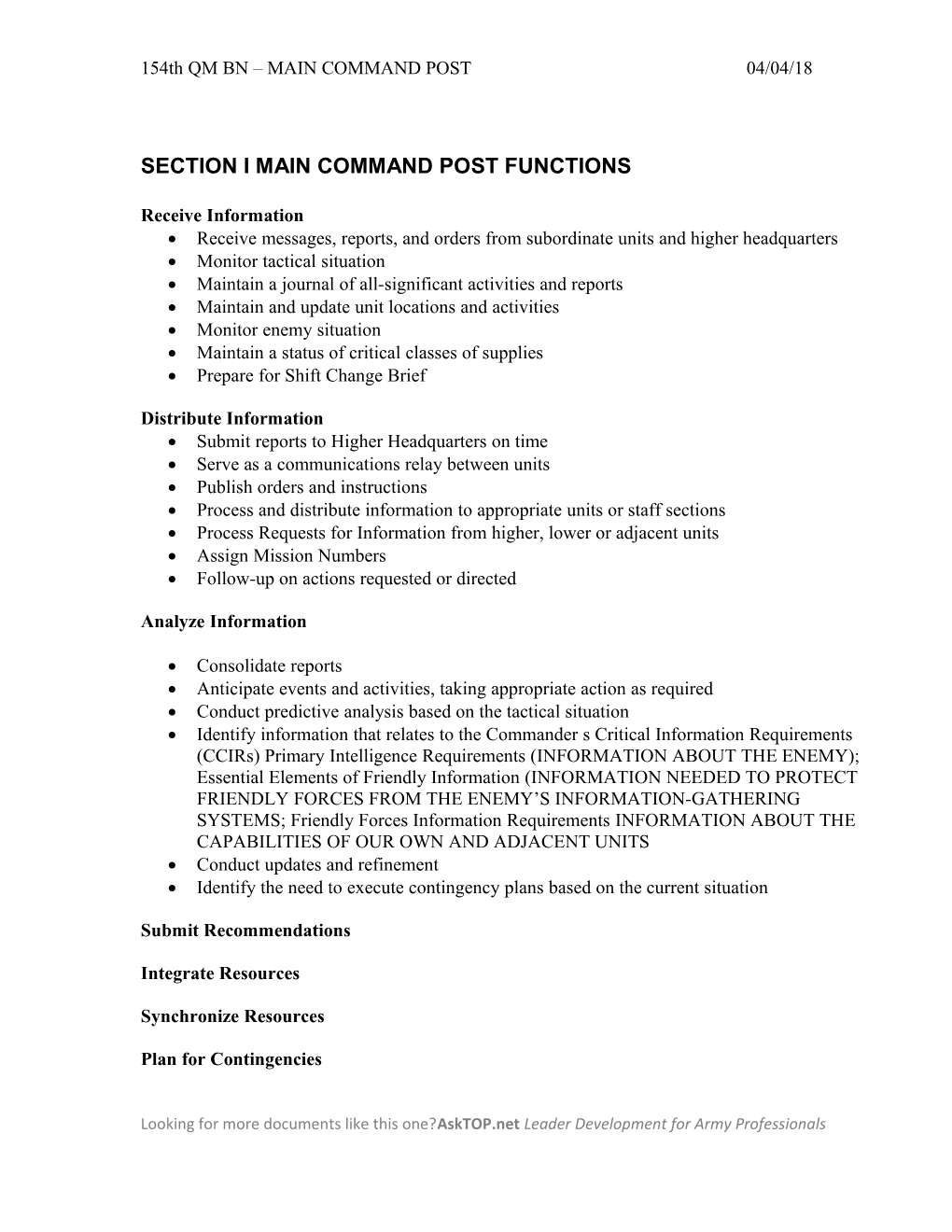 Section I Main Command Post Functions