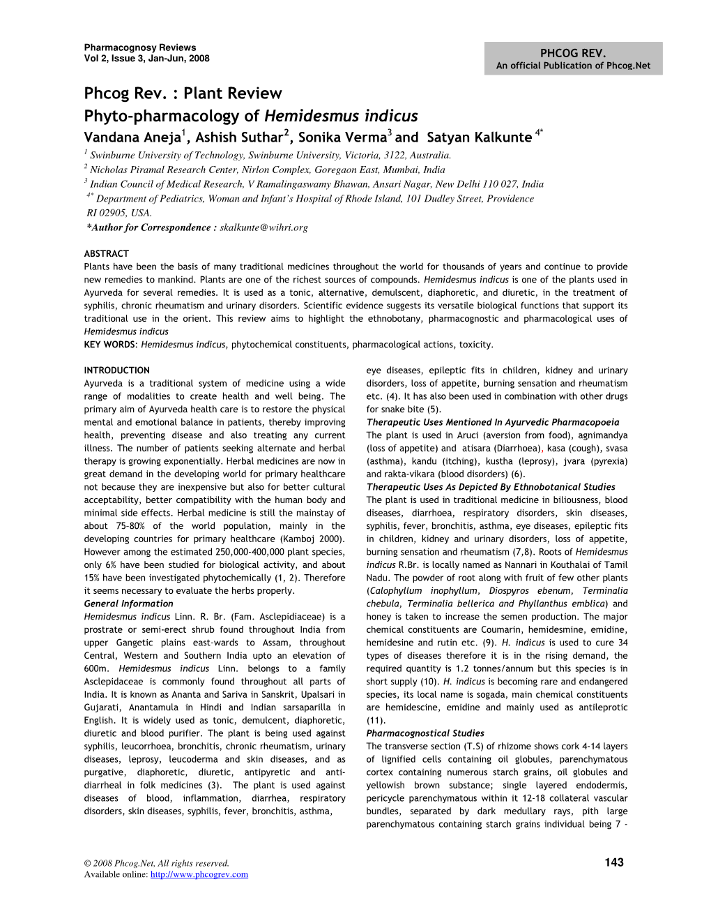 Phcog Rev. : Plant Review Phyto-Pharmacology Of