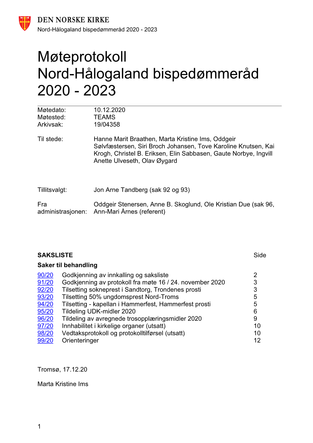 Agenda Nord-Hålogaland Bispedømmeråd