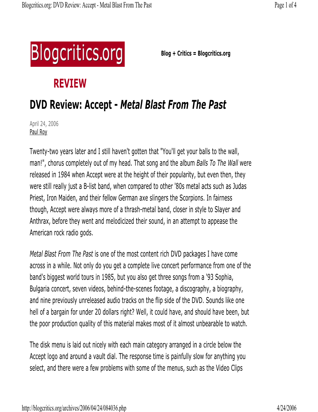 DVD Review: Accept - Metal Blast from the Past Page 1 of 4