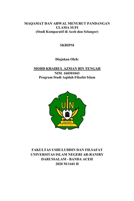 MAQAMAT DAN AHWAL MENURUT PANDANGAN ULAMA SUFI (Studi Komparatif Di Aceh Dan Selangor)