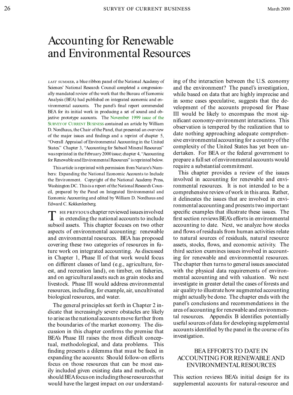 Accounting for Renewable and Environmental Resources, March 2000