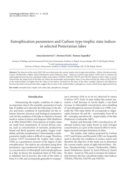 Eutrophication Parameters and Carlson-Type Trophic State Indices in Selected Pomeranian Lakes