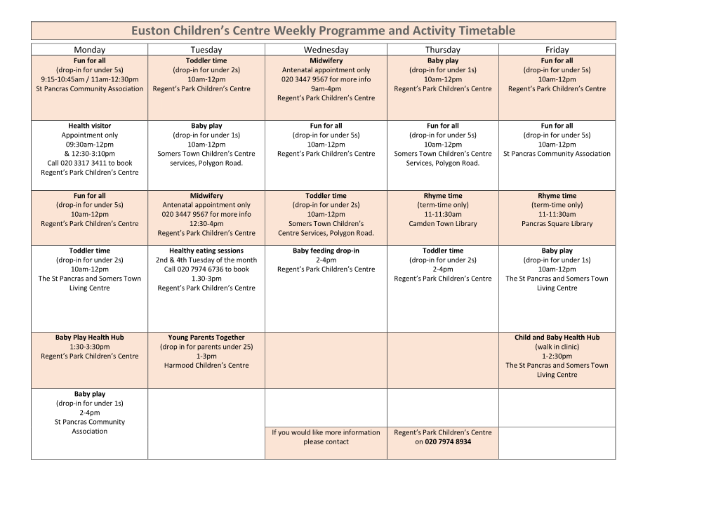 Euston Children's Centre Weekly Programme and Activity Timetable