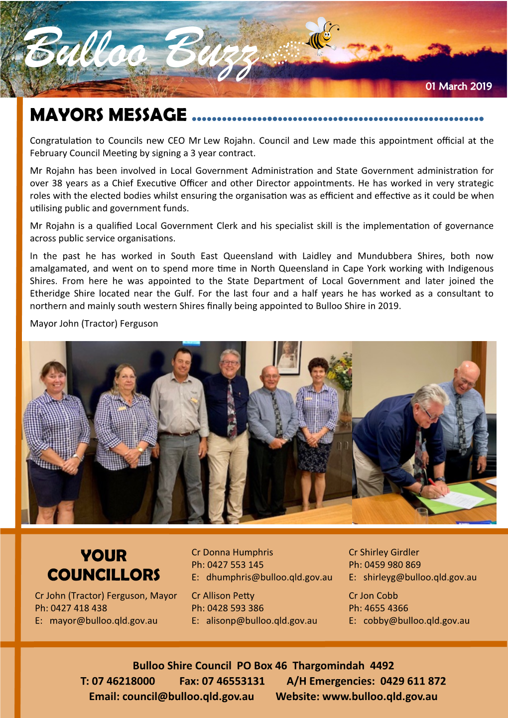 Bulloo Buzz 01 March 2019 MAYORS MESSAGE ……………..………….………………………