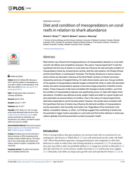 Diet and Condition of Mesopredators on Coral Reefs in Relation to Shark Abundance