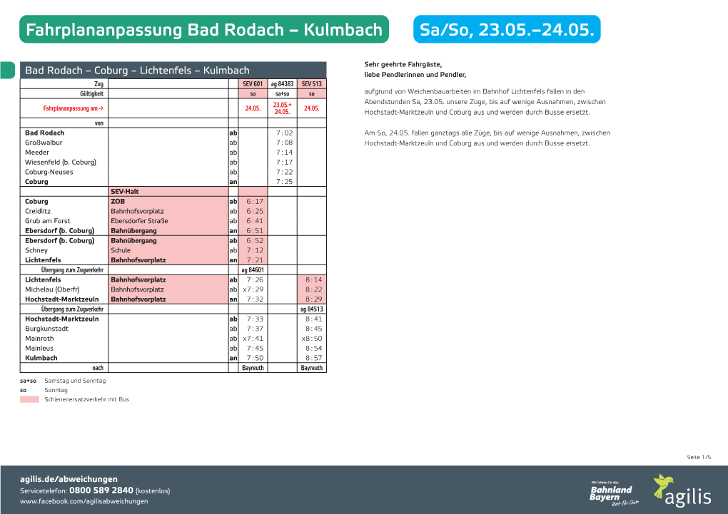 Fahrplananpassung Bad Rodach – Kulmbach Sa/So, 23.05.–24.05