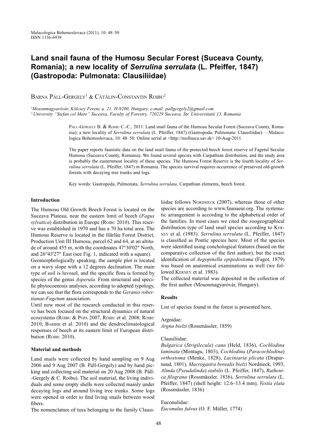 Land Snail Fauna of the Humosu Secular Forest (Suceava County, Romania); a New Locality of Serrulina Serrulata (L