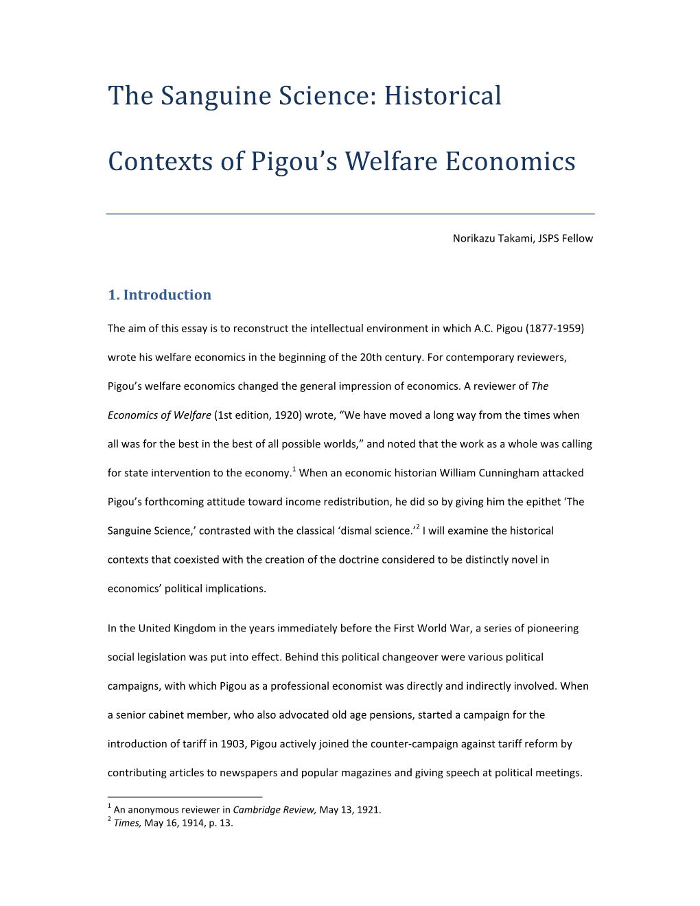 Historical Contexts of Pigou's Welfare Economics