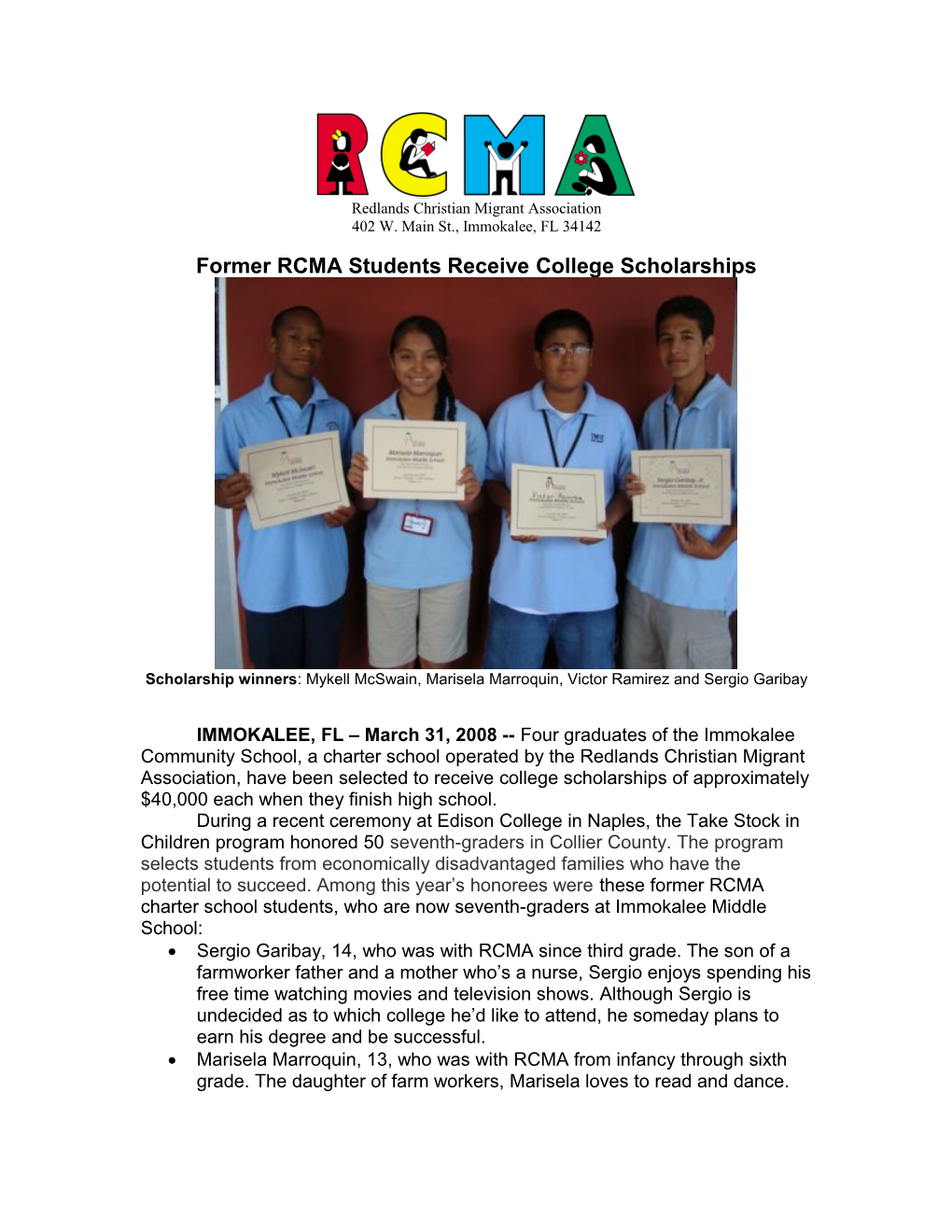 Former RCMA Students Receive College Scholarships