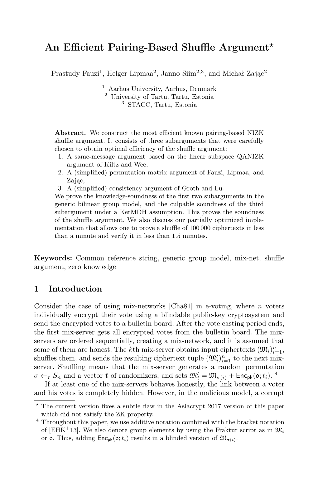 An Efficient Pairing-Based Shuffle Argument⋆