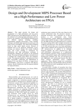 Design and Development MIPS Processor Based on a High Performance and Low Power Architecture on FPGA
