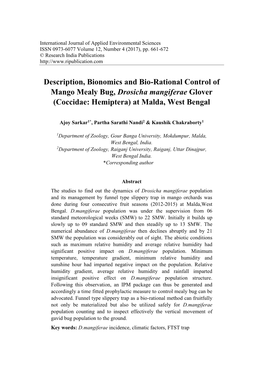 Description, Bionomics and Bio-Rational Control of Mango Mealy Bug, Drosicha Mangiferae Glover (Coccidae: Hemiptera) at Malda, West Bengal